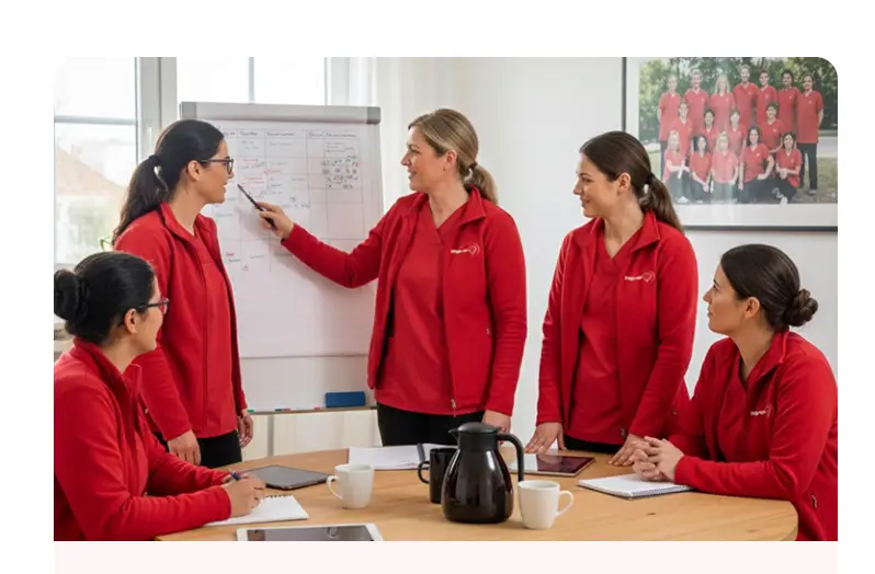 Mitarbeiterinnen von Pflege mit Herz Dessau bei einer gemeinsamen Teambesprechung